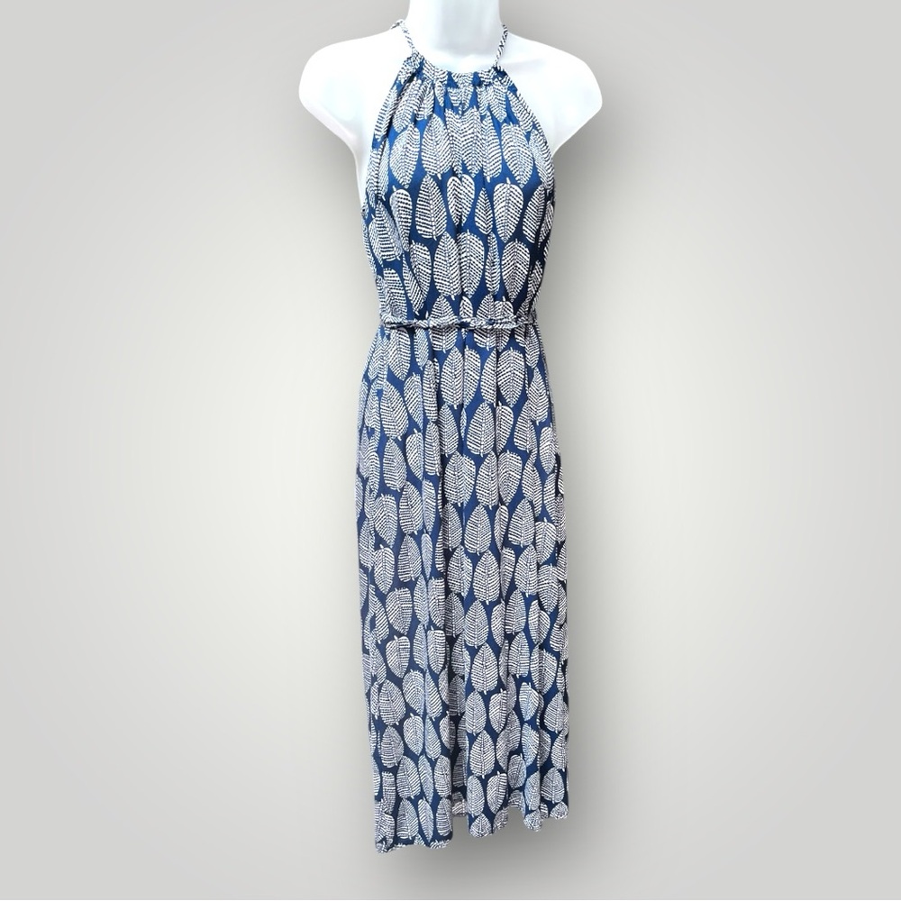 Toko Maxi Dress with Leaf Pattern Blue/White